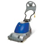 A floor scrubber is shown with the handle up.