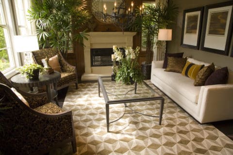 A living room with a fireplace and plants